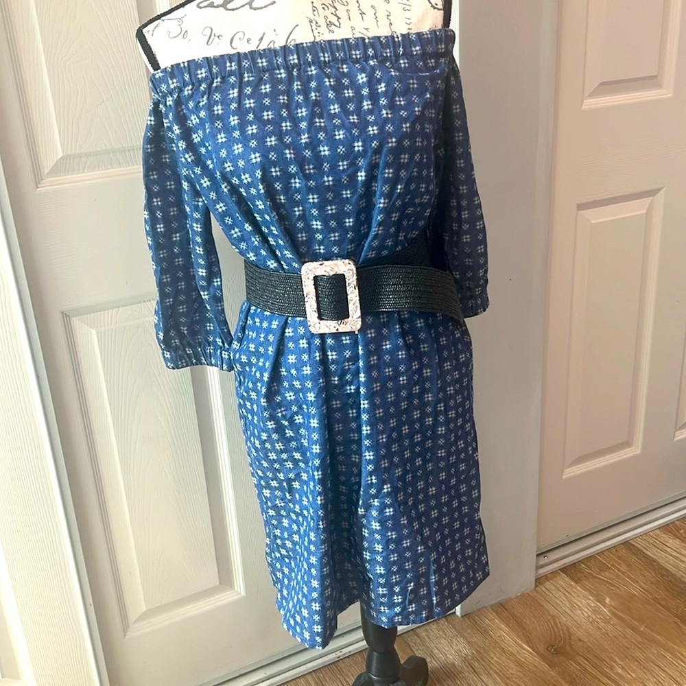 NWT Nina Leonard denim blue Chambray off the shoulder elbow length dress medium